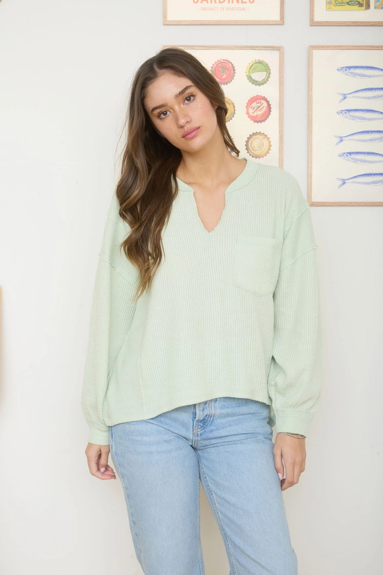 Split Neck Raw Edge Long Sleeve Ribbed Top