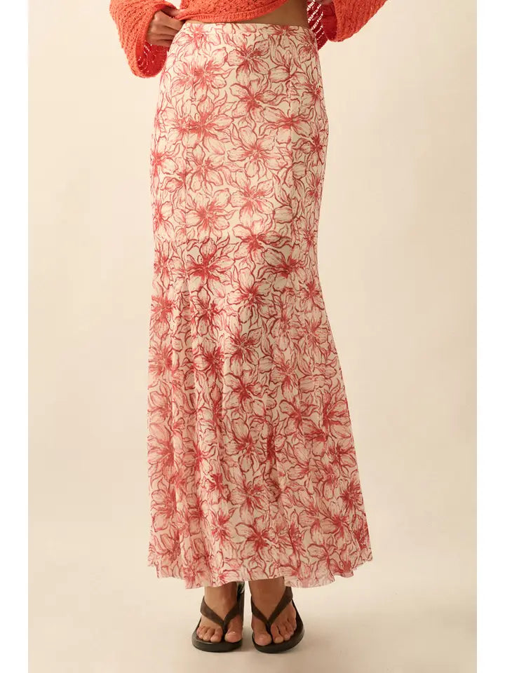 Floral Print Mesh Godet Pleated Mermaid Maxi Skirt