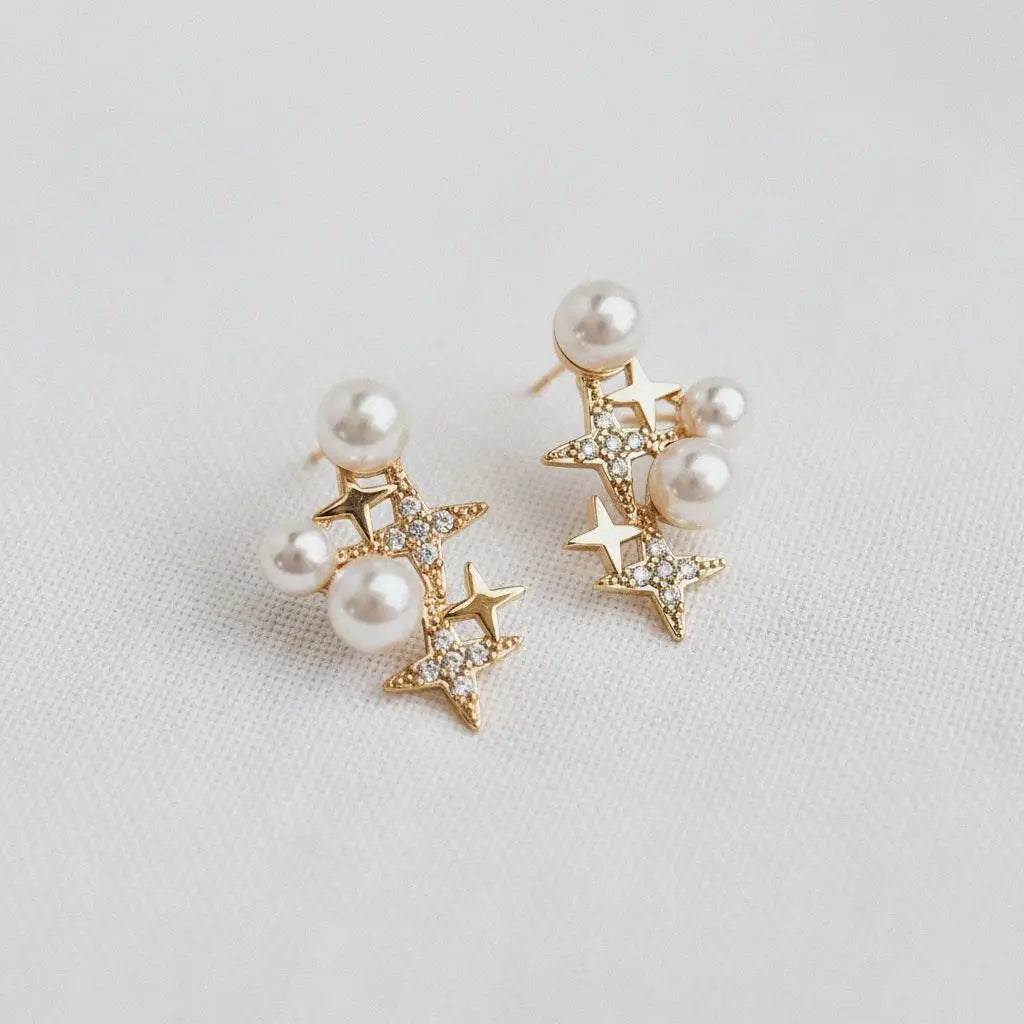 Pearl Cubic Zirconia Star Stud Earrings