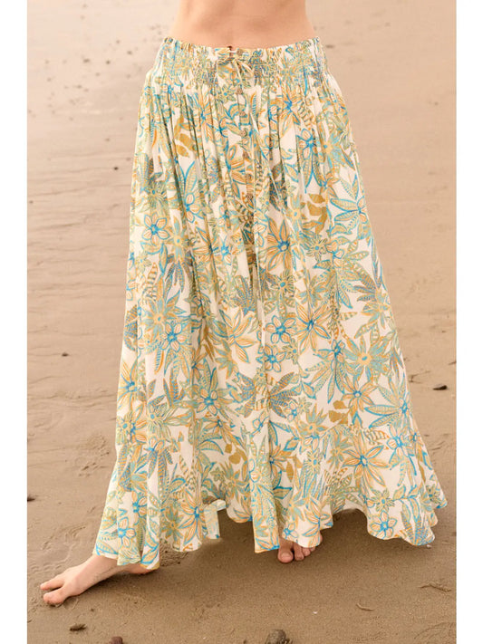 Floral-Print Crepe Button-Front Ruffle Maxi Skirt