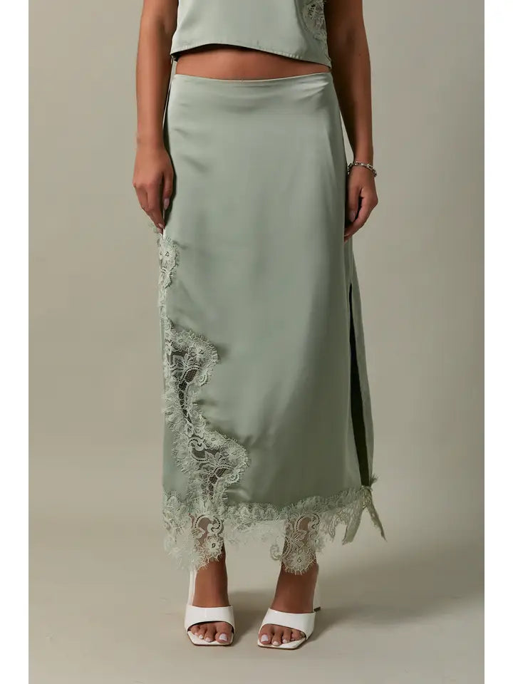 Mid Waist Lace Trim Detail Bias Midi Skirt