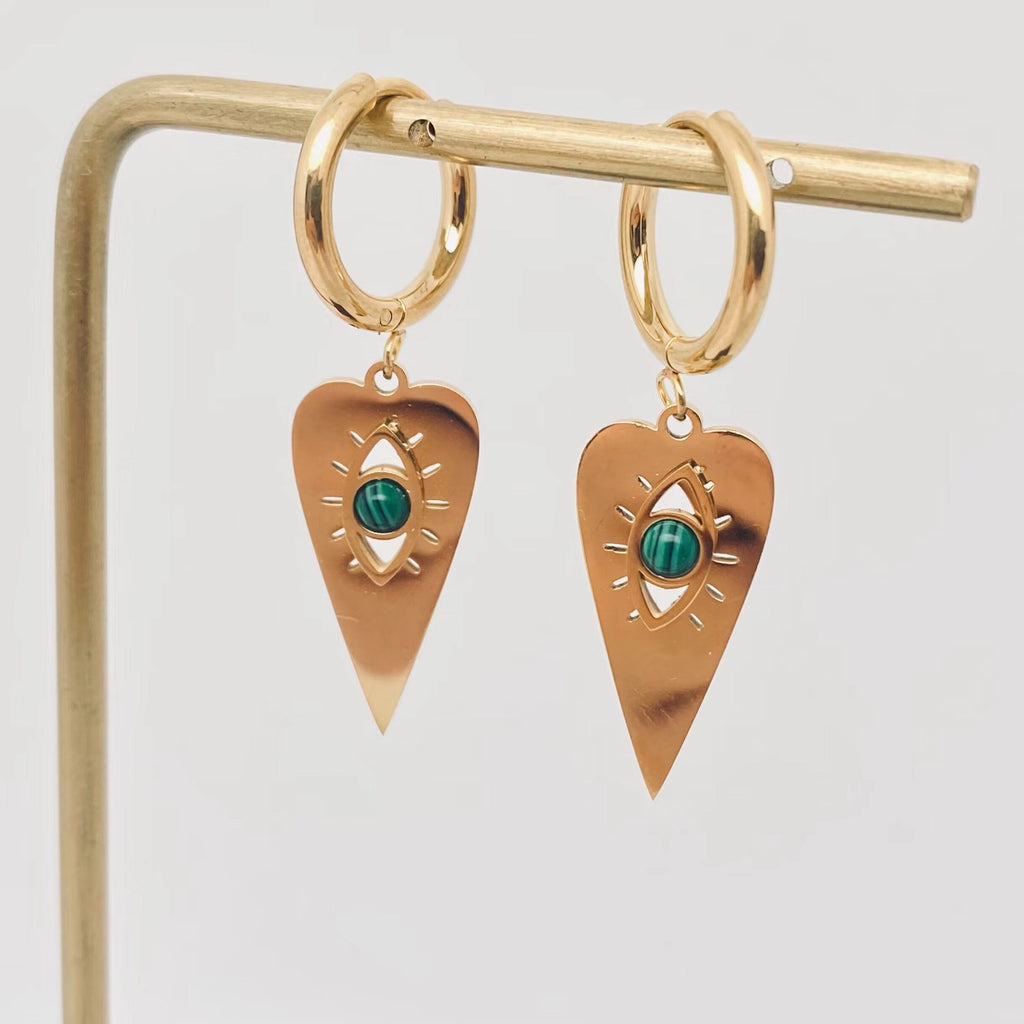 Inlaid Malachite Eyes Heart Huggie Earring