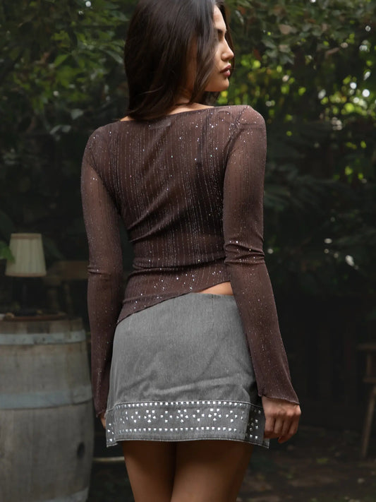 Millenia Lurex Jersey Sparkle Assymetrical Long Sleeve Top