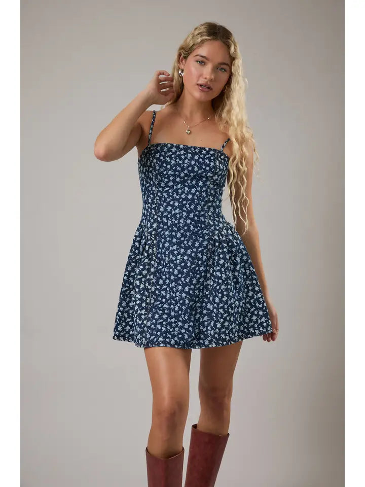 Spaghetti Strap Drop Waist Denim Mini Dress