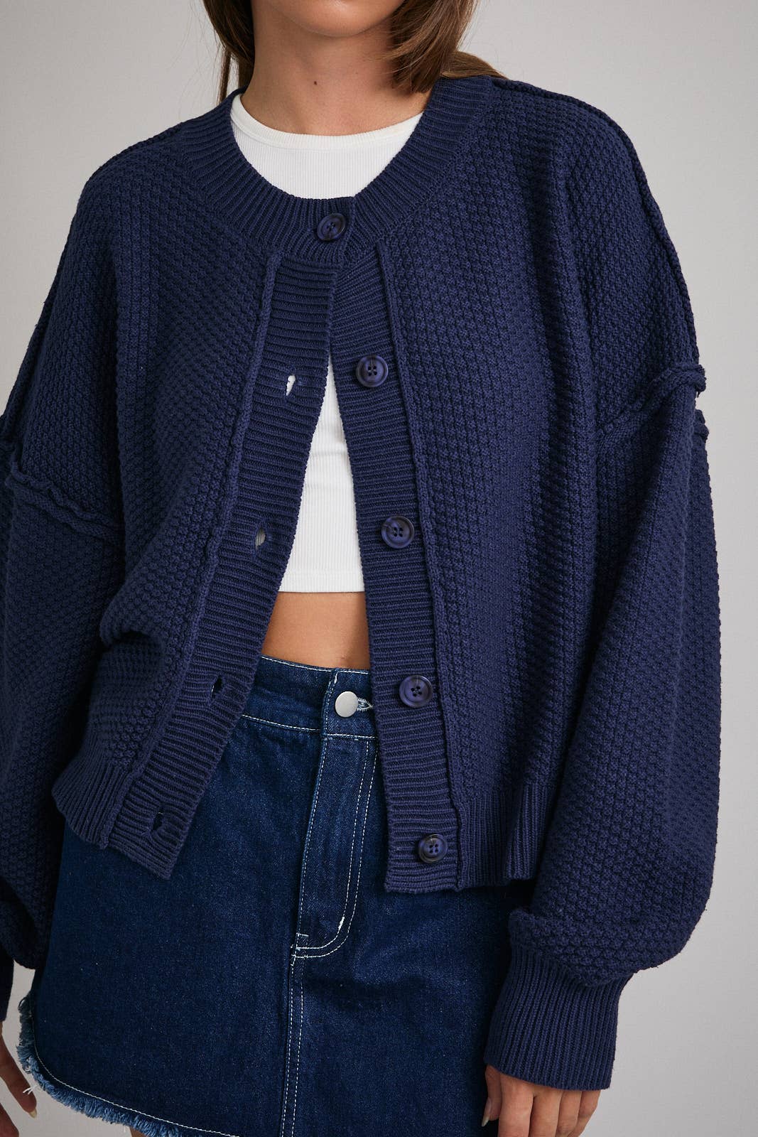 LONG SLEEVE CREW NECK WAFFLE KNIT CARDIGAN