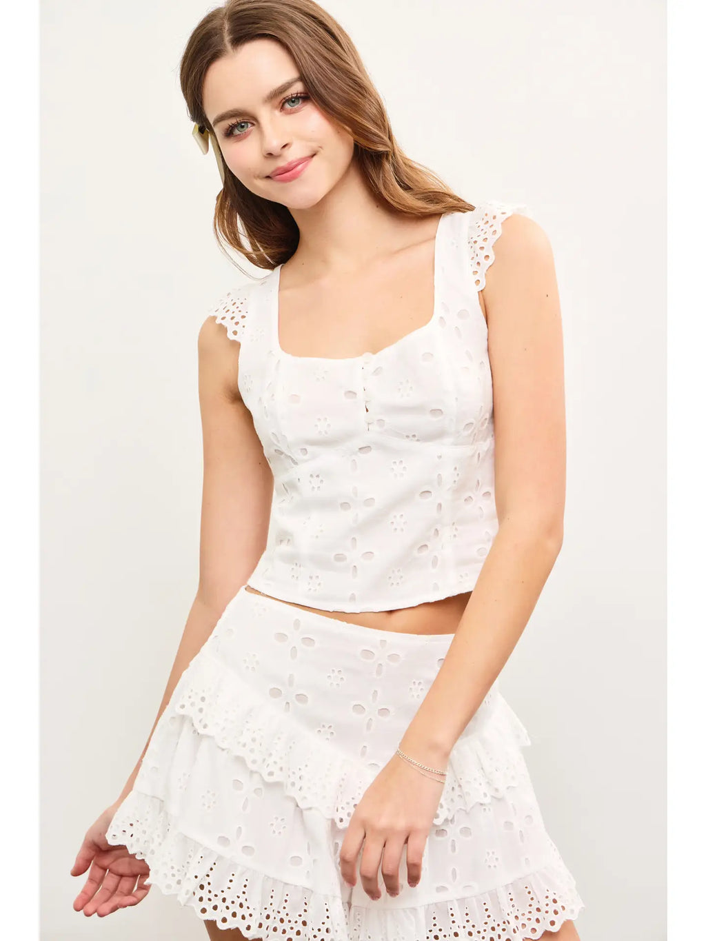 Tied Back Eyelet Lace Cap Sleeve Top