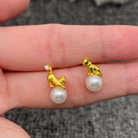 Gold Plated Cat Asymmetric Ear Studs