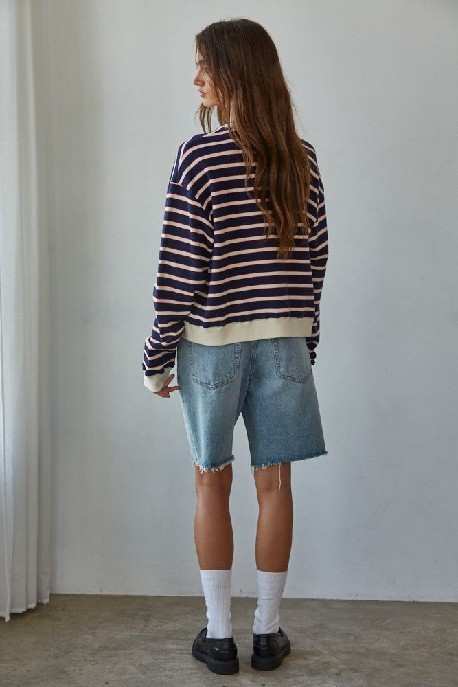 Knit Cotton Striped Crew Neck Long Sleeve