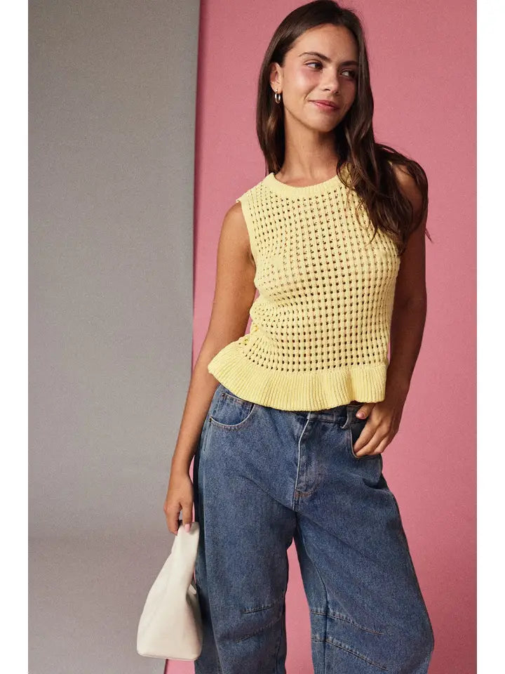 Sleeveless Open Knit Peplum Top
