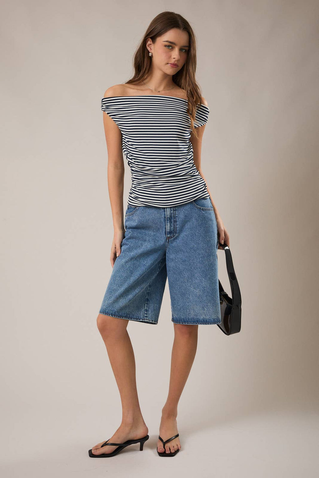 STRIPE OFF THE SHOULDER DOUBLE LINED TOP WITH RUCHING