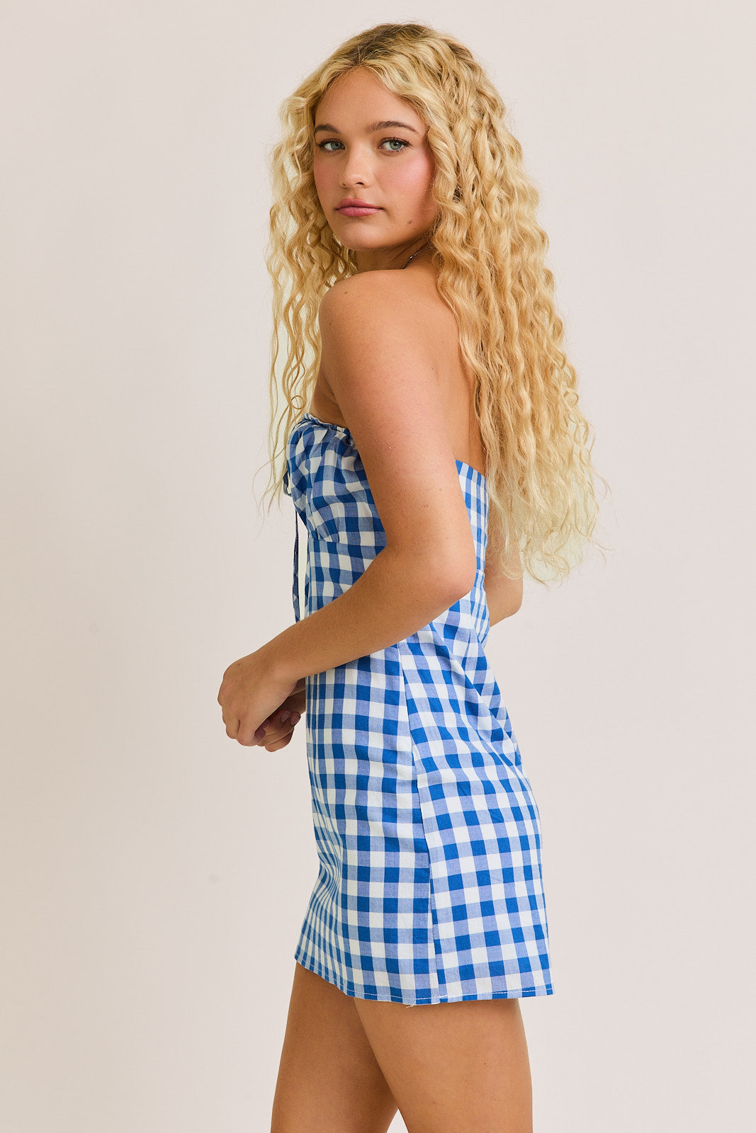 Strapless Tie Up Detail Check Mini Dress