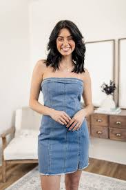 Jolie Strapless Denim Mini Dress with Slit