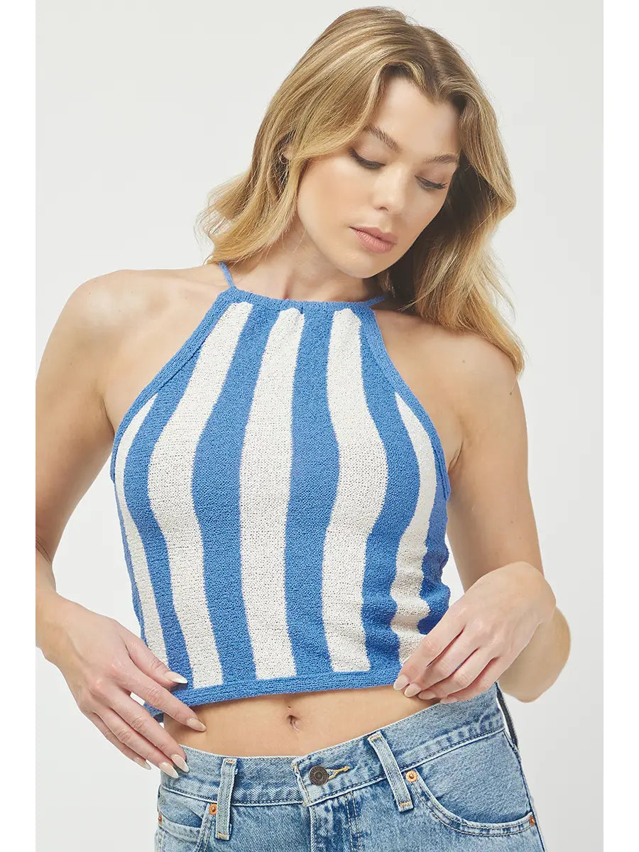Halter Neckline Striped Sweater Tank Top