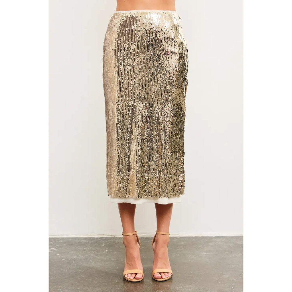 Layered Mesh Back Slit Sequin Midi Skirt