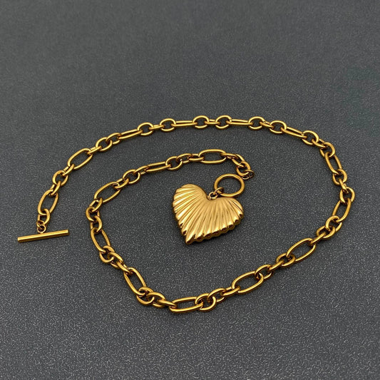 18K Golden Ss Heart Charm Ot Buckle Chain Necklace