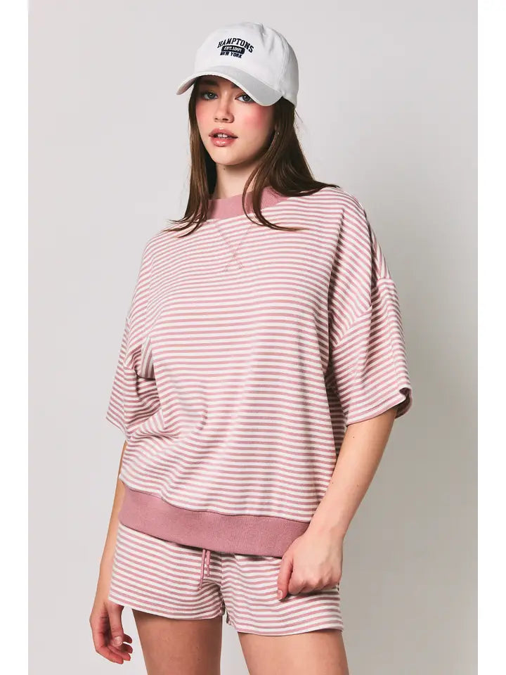Mock Neck Short Sleeve Stripe Top