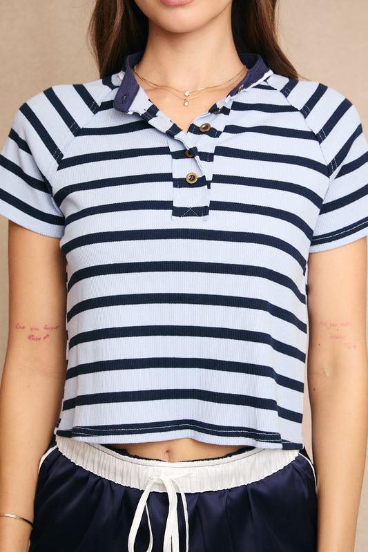 Stripe Short Sleeve Top with Contrast Neckband