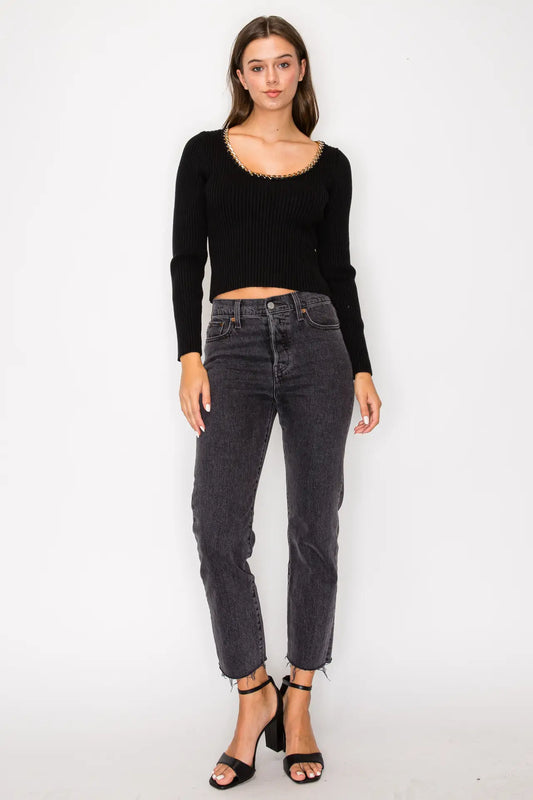 Chain Trim Ribbed Sweater Long Sleeve Scoop Neck Top