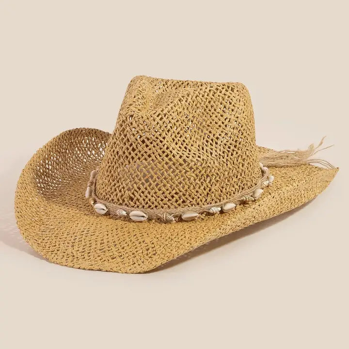 Straw Weave Cowrie Shell Rope Strap Cowboy Hat