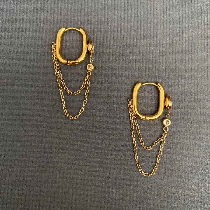 Chain Fringe Zicon Inliad 18K Gold Plated Ss Earrings