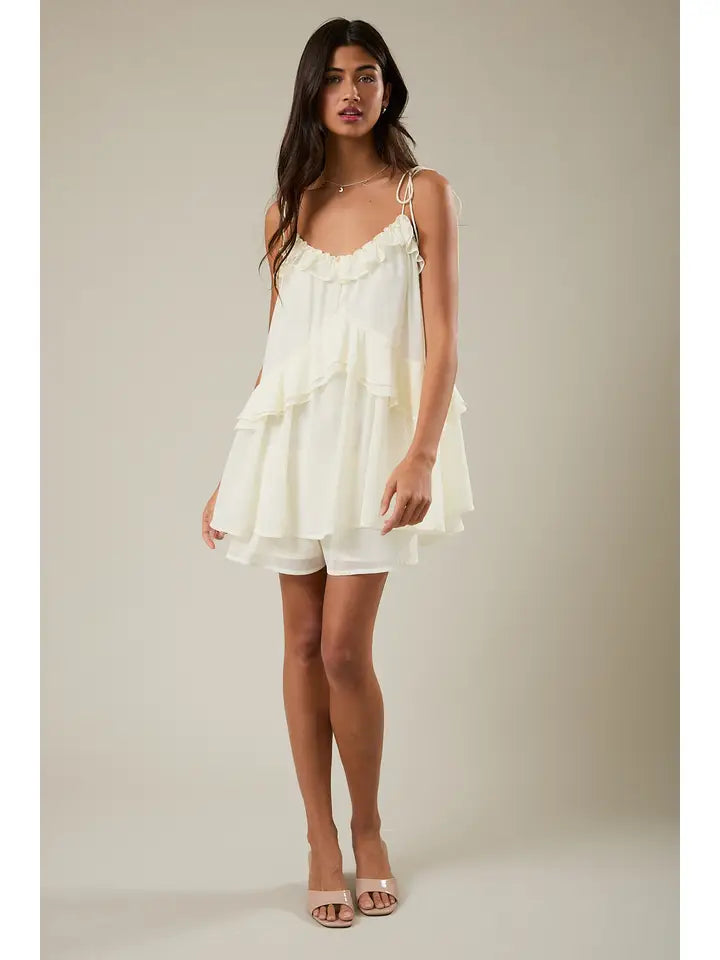 Ruffle Detail Shoulder Tie Flare Romper