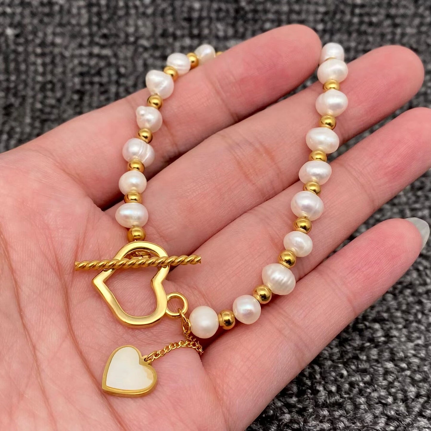 Shell Heart Charm Pearl & 18K Golden Ss Beaded Bracelet