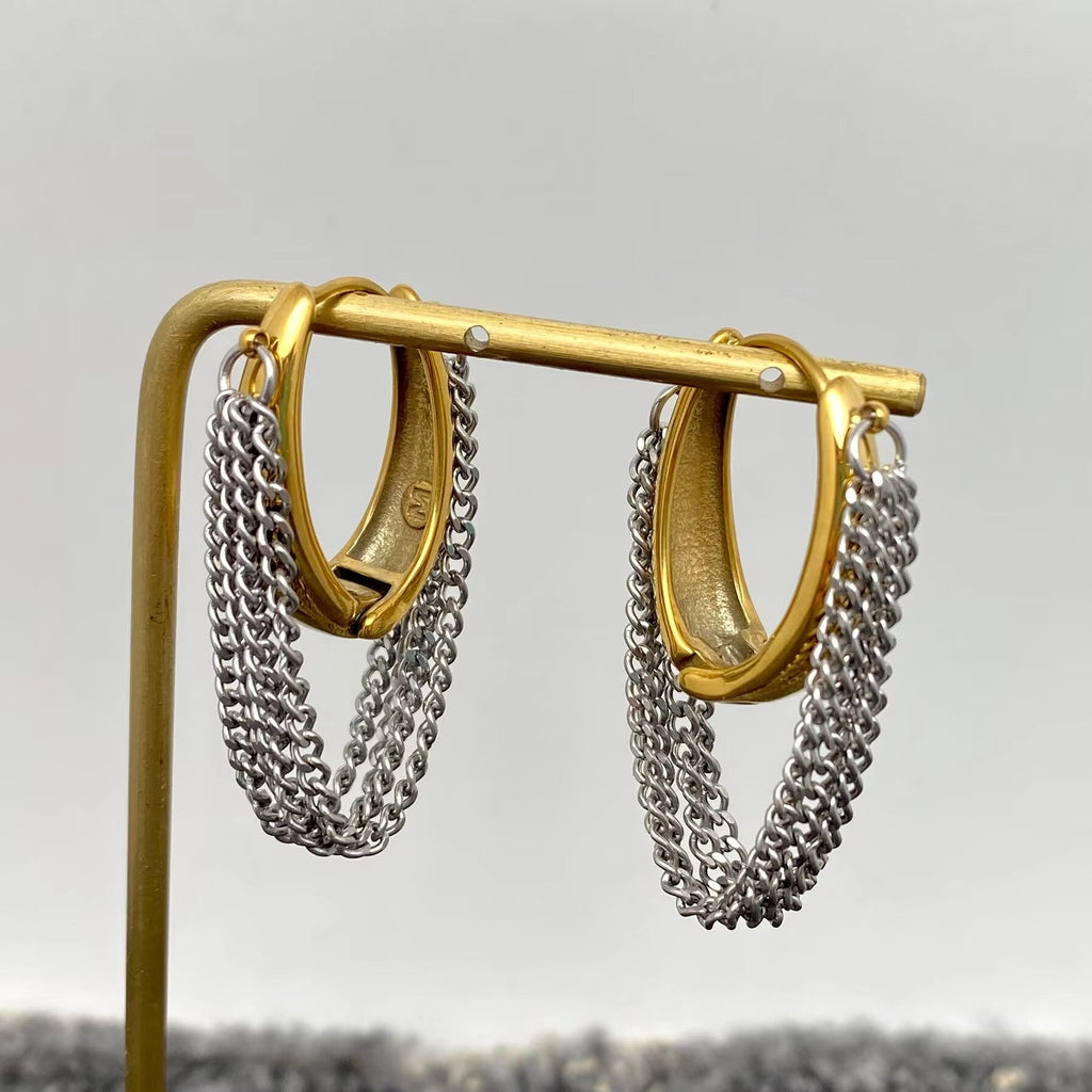 Multi-Layer Chain Fringe18K Golden Ss Huggie Earrings