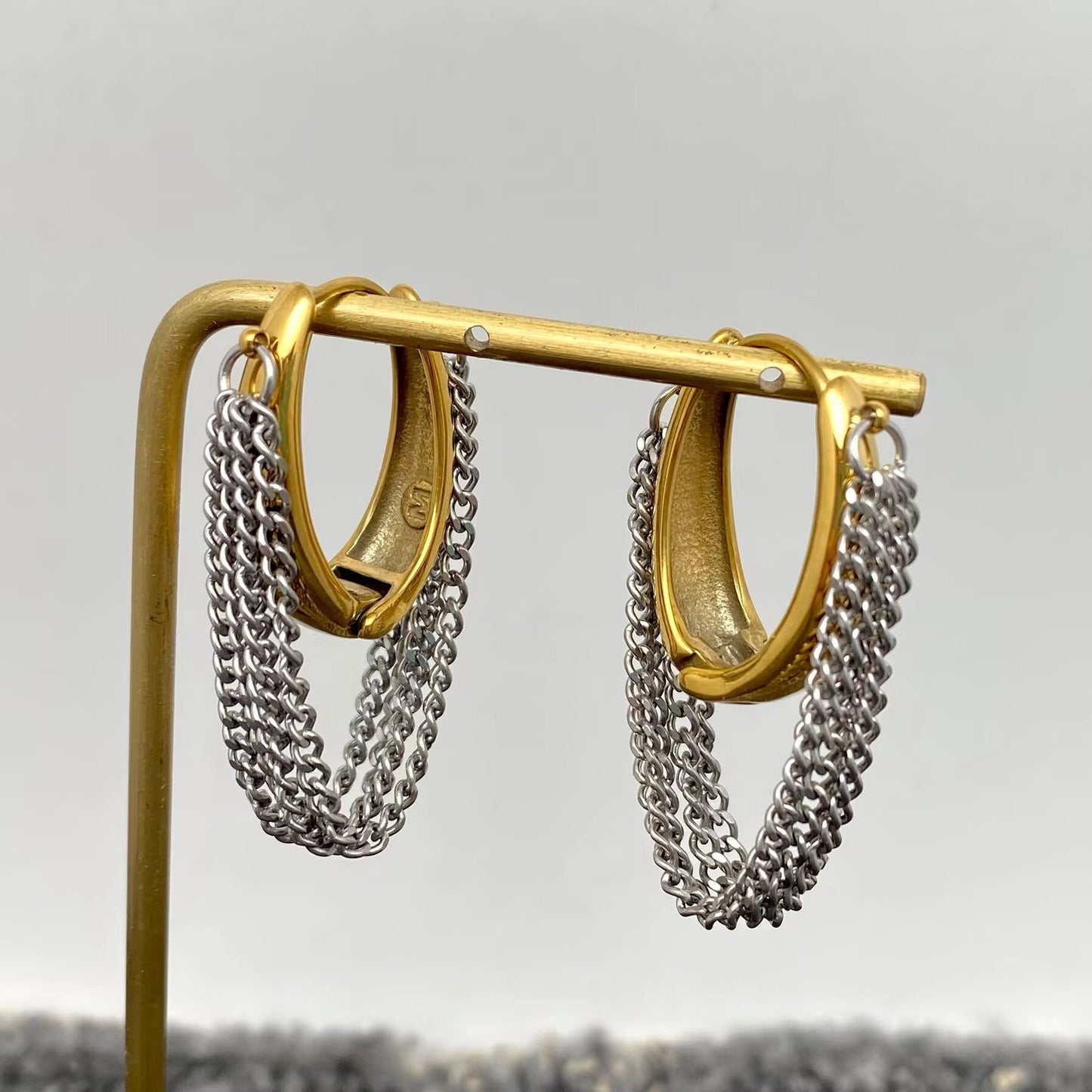 Multi-Layer Chain Fringe18K Golden Ss Huggie Earrings