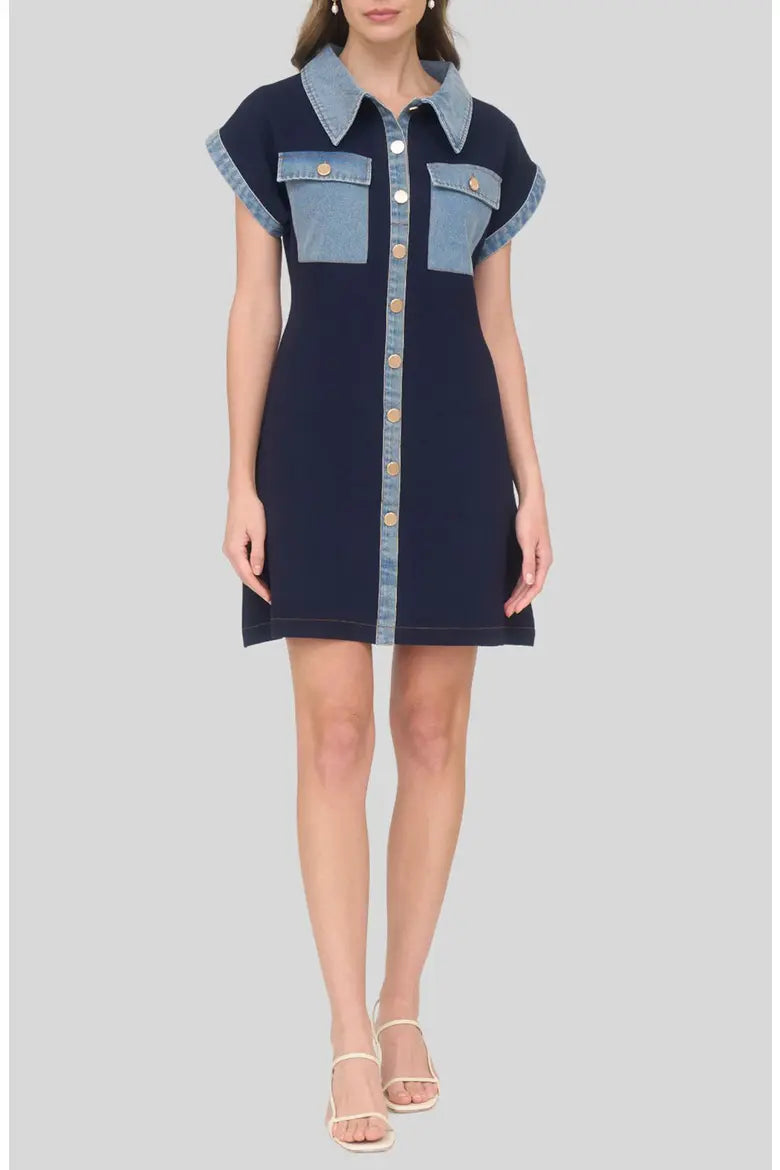 Knit Short Dress with Denim Pockets