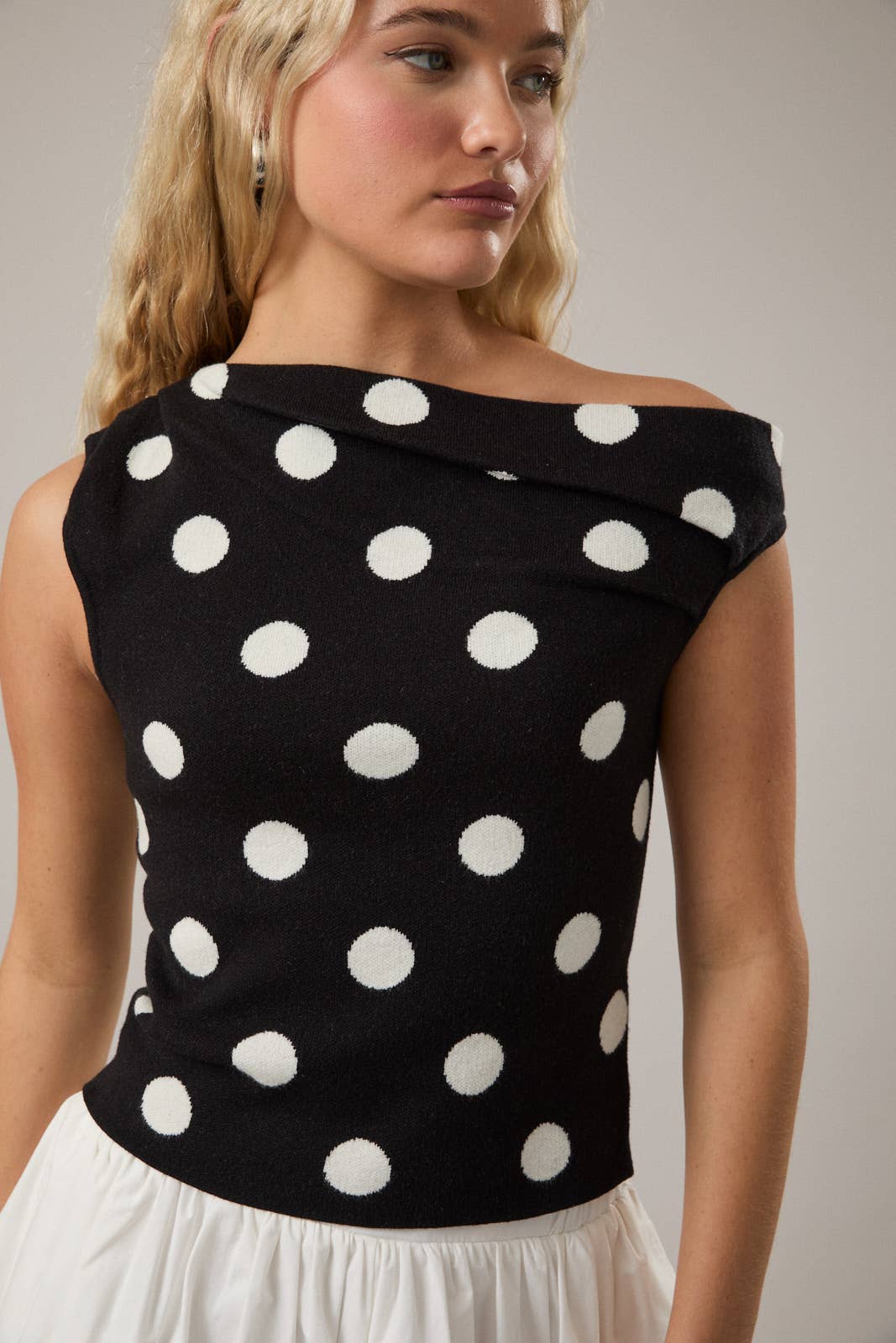POLKA DOT DETAIL ASYMMETRICAL NECK SWEATER TOP