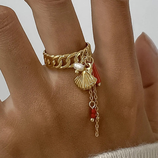 Rade 18K Gold Shell Dangle Chain Ring