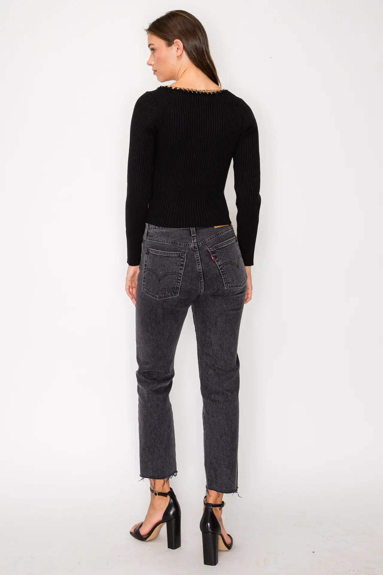 Chain Trim Ribbed Sweater Long Sleeve Scoop Neck Top