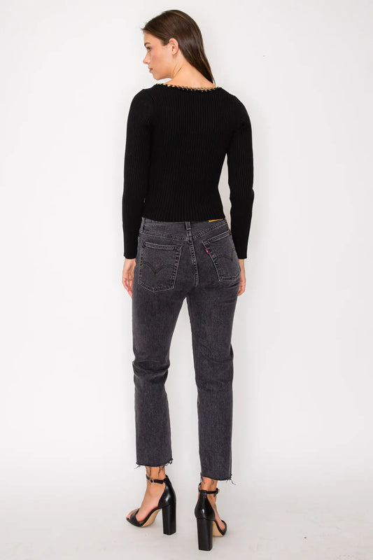 Chain Trim Ribbed Sweater Long Sleeve Scoop Neck Top