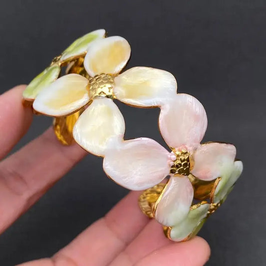 Colored Enamel Flowers 18K Gold Plated S.Steel Cuff