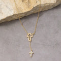 14K Gold Dipped Cz Double Cross Lariat Necklace