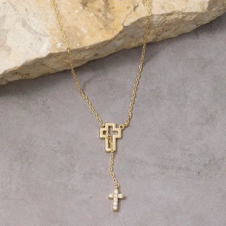 14K Gold Dipped Cz Double Cross Lariat Necklace