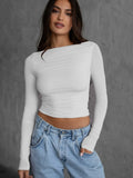 Jolina Lightweight Boat Neck Ruched Bodice Long-Sleeve Top