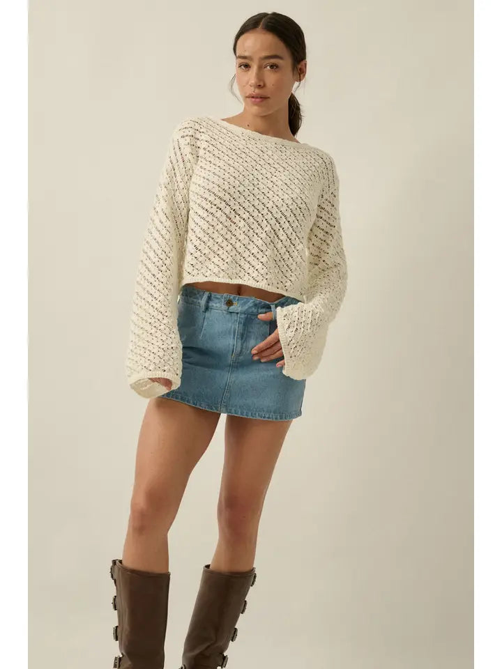 Solid Crochet-Knit Bell-Sleeve Cropped Sweater