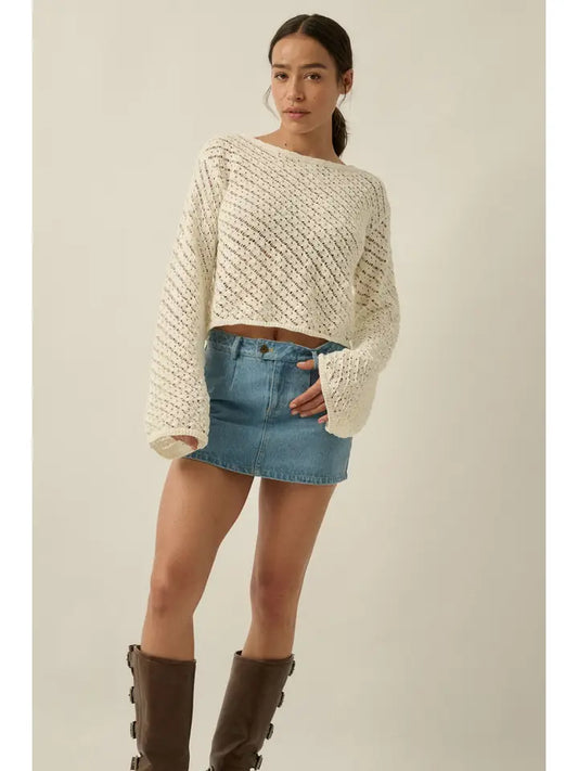 Solid Crochet-Knit Bell-Sleeve Cropped Sweater