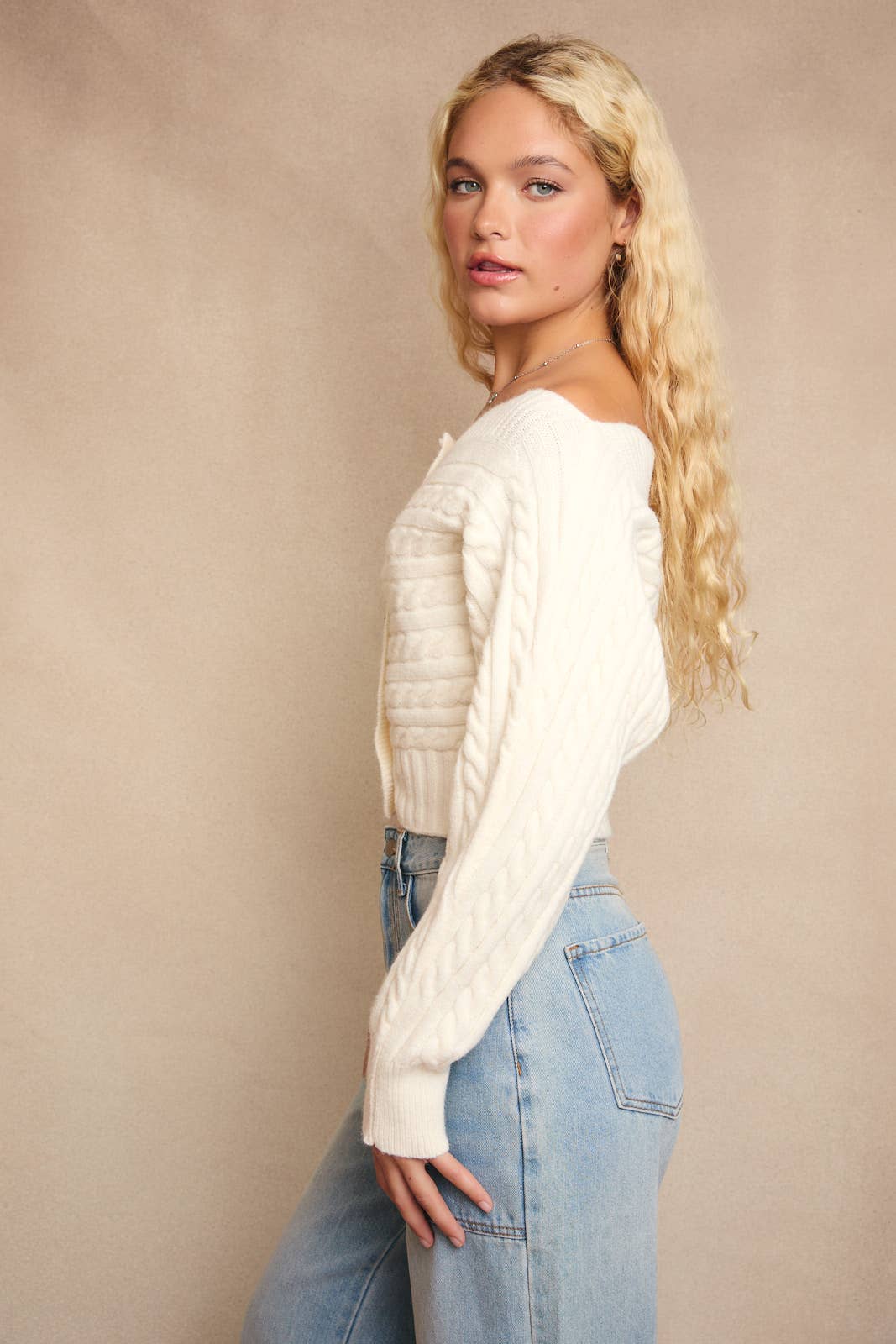 OFF-SHOULDER BUTTON DOWN SWEATER TOP
