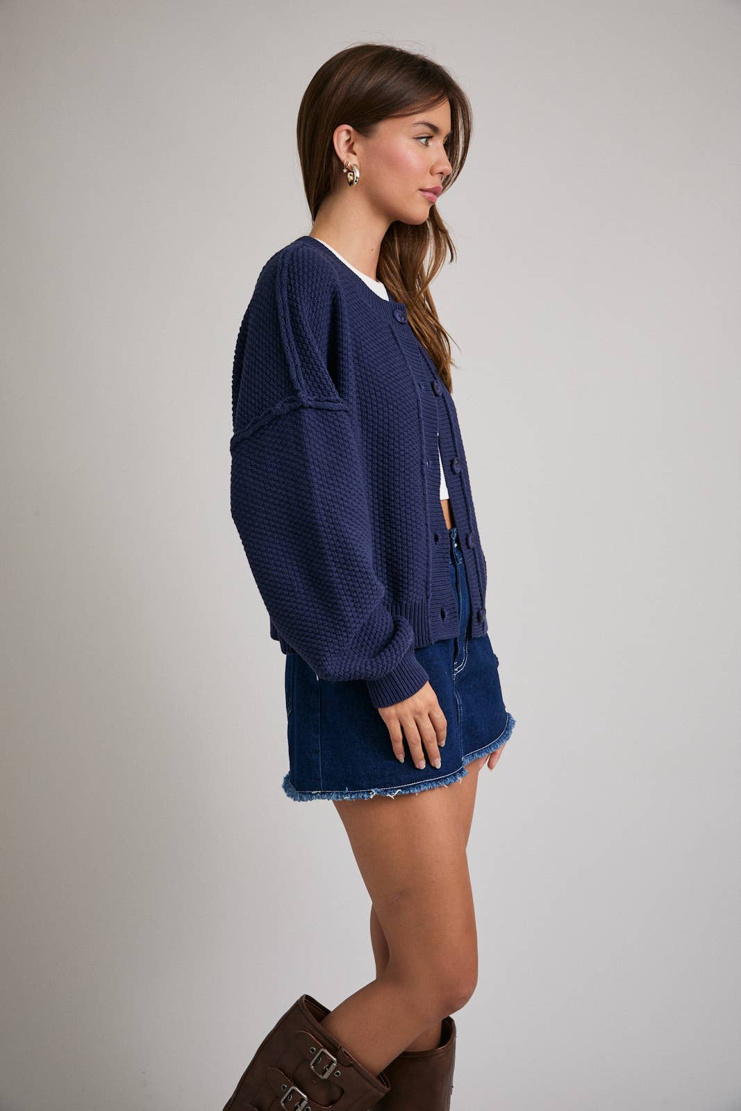 LONG SLEEVE CREW NECK WAFFLE KNIT CARDIGAN