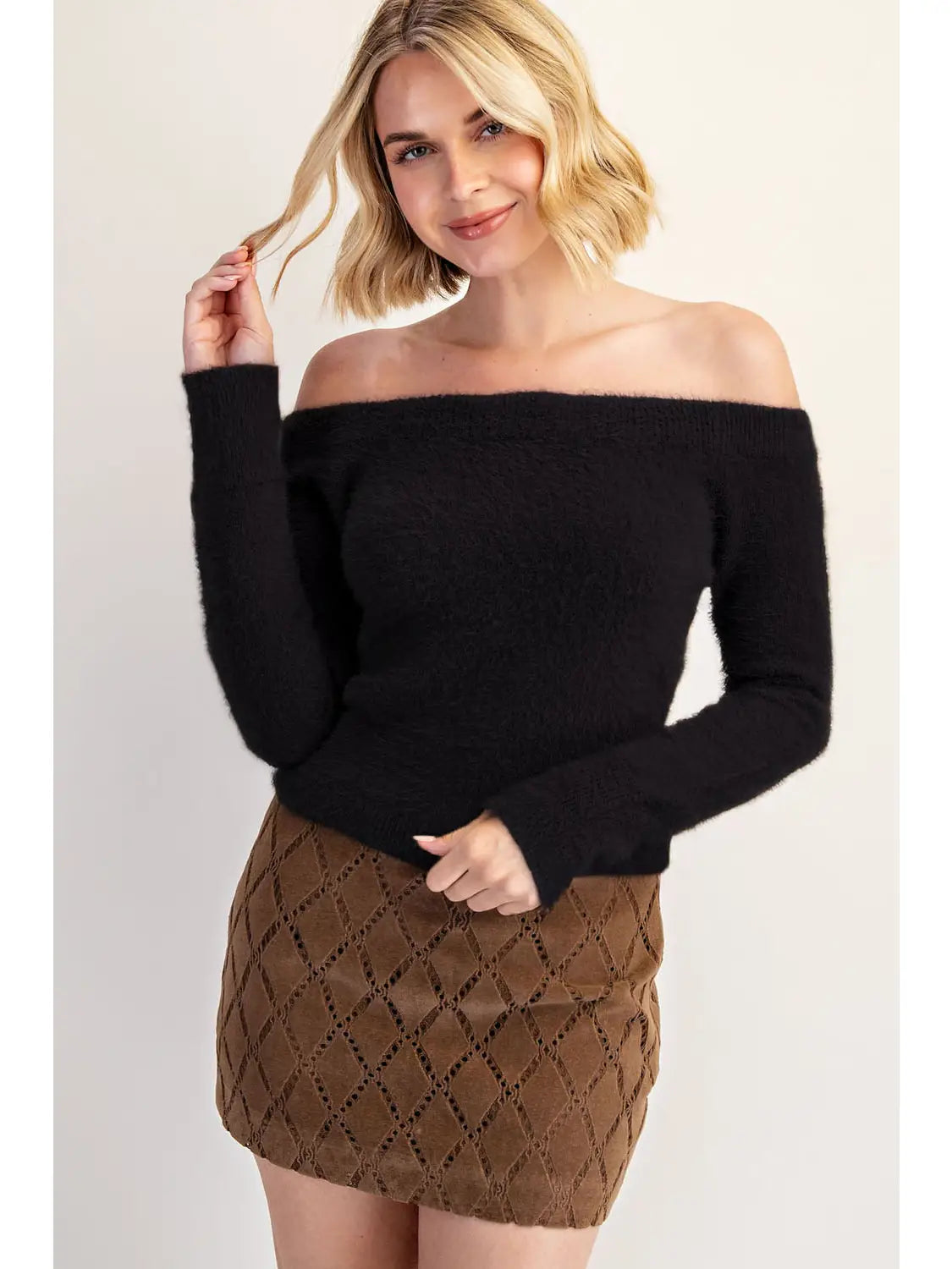 Off the Shoulder Soft Fuzzy Sweater Top