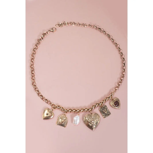 Charm Necklace-Bow Heart Rhinestone Flower