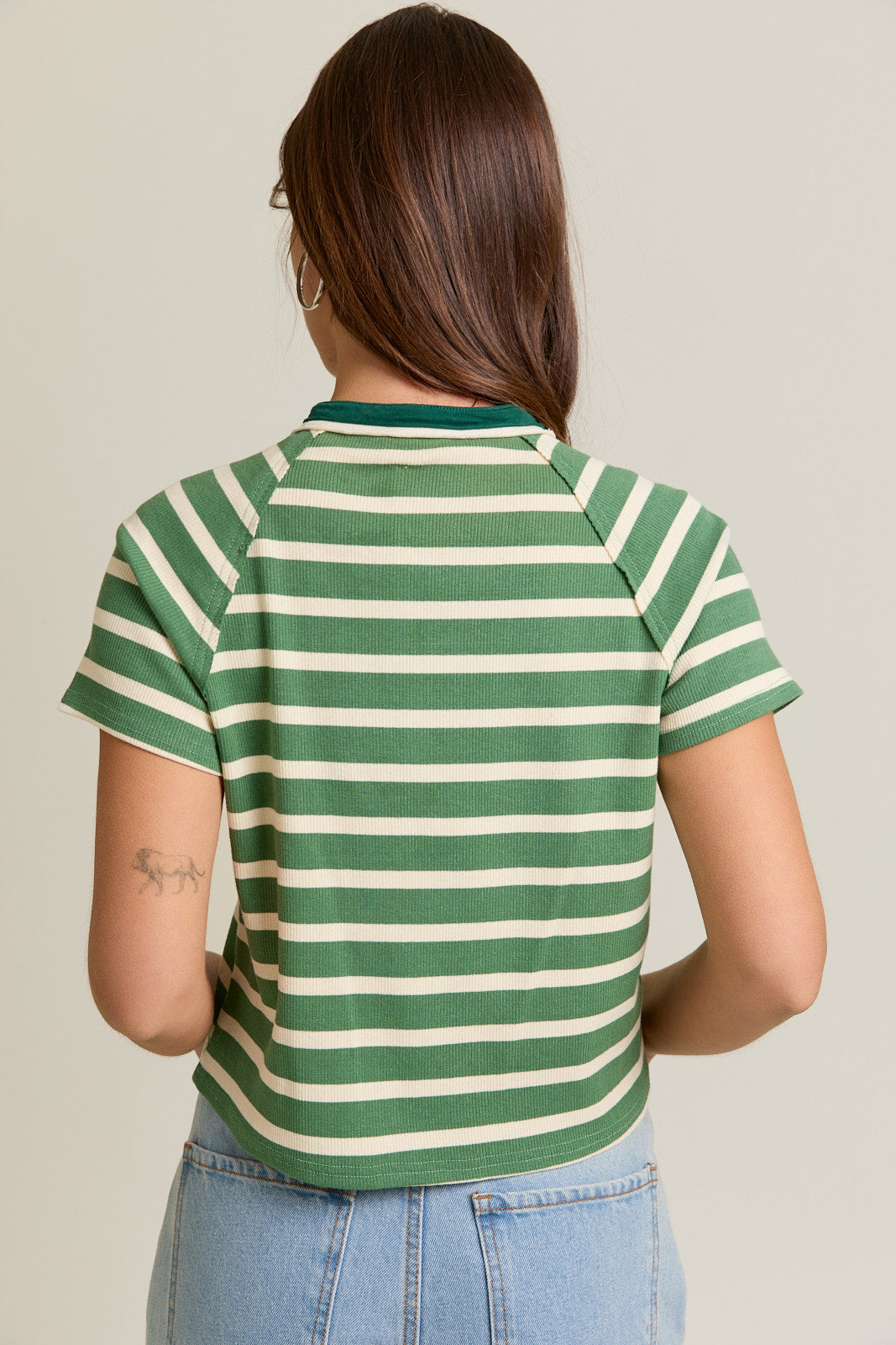 Stripe Short Sleeve Top with Contrast Neckband