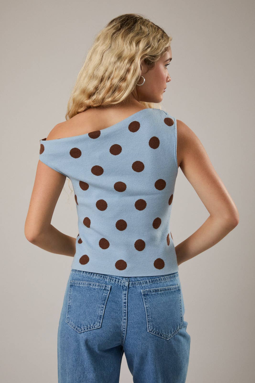 POLKA DOT DETAIL ASYMMETRICAL NECK SWEATER TOP