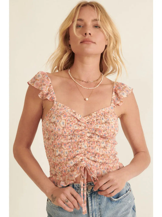 Floral Sweetheart Smocked Ruched Ruffle Top