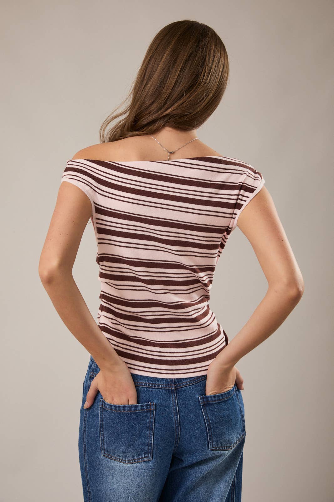 ASYMMETRICAL NECK STRIPED SWEATER TOP