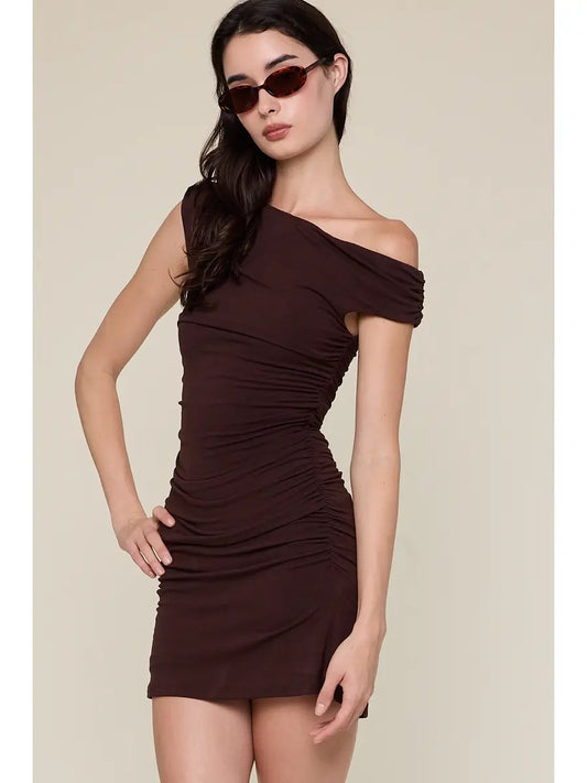 STM Asymmetric Shoulder Line Ruched Mini Dress