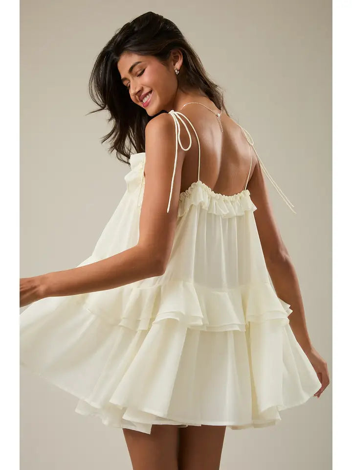 Ruffle Detail Shoulder Tie Flare Romper