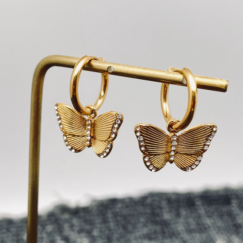 Inlaid Cz Butterfly charm18K Gold Plated Huggie Earring